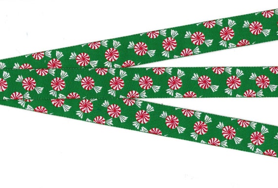 HOLIDAY E-05-B Jacquard Ribbon Polyester Trim 7/8" wide (22mm) LFN Textiles Design, Green Background w/Striped Peppermint Candy Pieces