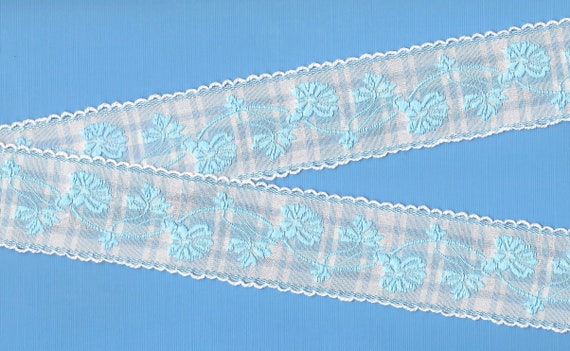 FLORAL H-11-B Jacquard Ribbon Cotton Trim 1-1/2" wide (38mm) VINTAGE Blue & White Check Picot Edge Blue Embroidered Flowers/Vines