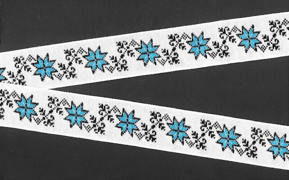 SNOWFLAKES G-02-A Jacquard Ribbon Trim Poly Blend, 1-1/4" Wide (32mm) Black/Blue Snowflakes, Black Scrolls & Accents on White, Per Yard