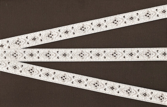 GEOMETRIC C-06-E Jacquard Ribbon Polyester Trim 5/8" wide (16mm) White Grey/White Medieval Renaissance Design, Brown Accents
