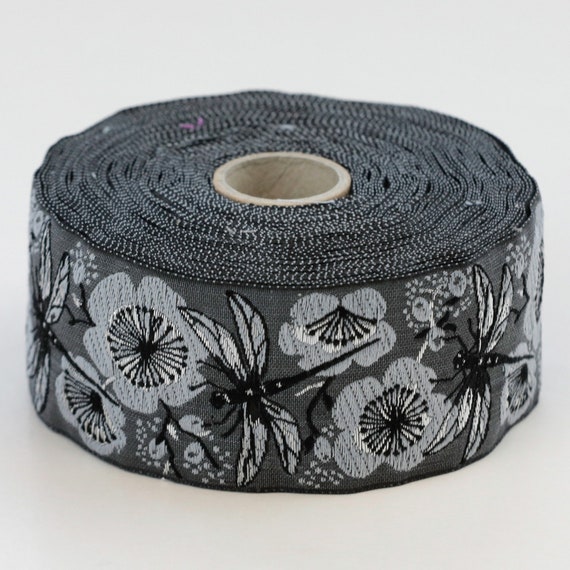 KAFKA H-19/05 Jacquard Ribbon Organic Cotton Trim 1-1/2" wide (38mm) Black w/Silver Iridescent Dragonflies, Large Gray Blossoms