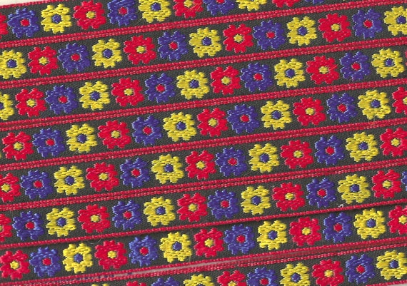 FLORAL B-18-A Jacquard Ribbon Rayon Trim 1/2" Wide (13mm) Black Background w/Blue, Red & Yellow Flowers, Red Borders