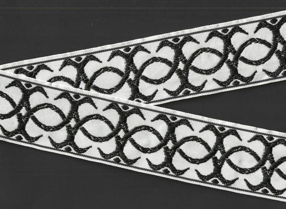 GEOMETRIC L-02-A Jacquard Ribbon Poly Trim 2-1/2" wide (64mm) VINTAGE, White w/Black Scrolls