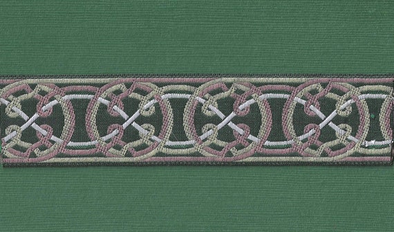 KAFKA G-11/17 Jacquard Ribbon Woven Organic Cotton Trim 1-1/4" wide (32mm) Green w/Taupe, Dk Rose & Ivory Celtic Circles