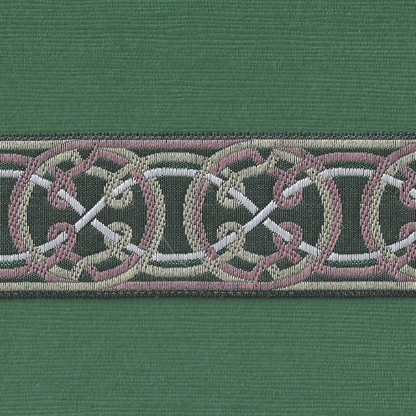 KAFKA G-11/17 Ruban Jacquard tissé en coton biologique 1-1/4" de large (32 mm) Vert avec cercles celtiques taupe, rose foncé et ivoire