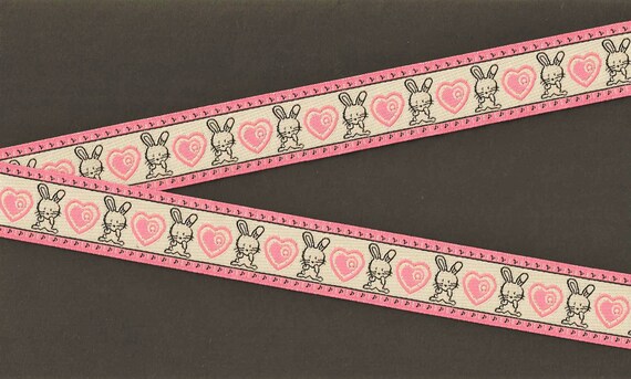 ANIMALS/Farm F-01-A Jacquard Ribbon Poly Trim 1" wide (25mm) Ivory Background, Pink Borders w/Bunny Rabbits & Pink Hearts