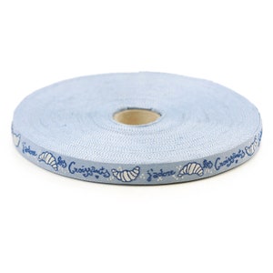 Cinta de jacquard de algodón orgánico KAFKA A-07/05 de 10 mm de ancho (7/16") Colección PARIS Azul, azul oscuro y blanco "J'adore les Croissants" cortado a medida