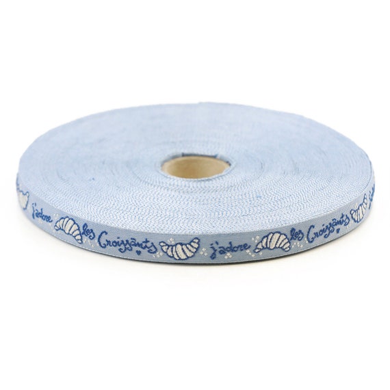 KAFKA A-07/05 Jacquard Ribbon Organic Cotton Trim 7/16" wide (10mm) PARIS Collection Blue, Dk Blue & White "J'adore les Croissants" Per Yard