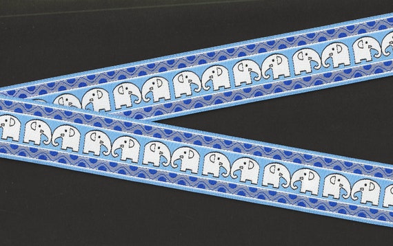 ANIMALS/Wildlife G-04-C Jacquard Ribbon Poly Trim 1-1/4" Wide (32mm) Blue with Gray Elephants, Black Accents, Blue Polka Dots, Per Yard