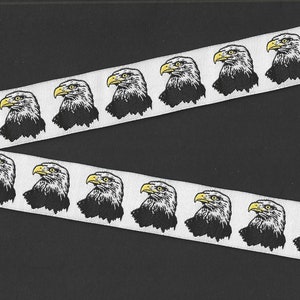 ANIMAUX/Oiseaux E-21-A Ruban Jacquard Bordure en polyester de 22 mm (7/8 po.) de large, pygargue à tête blanche noir et blanc, bec/yeux dorés