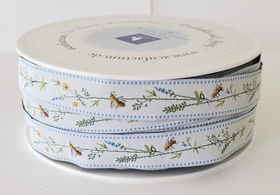 DANIELA DRESCHER Insects Jacquard Ribbon Woven Trim 5/8" wide (16mm) From Germany, "Meadow Grasses" White w/Bees & Lavender Flowers/Stems