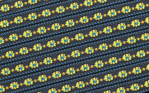 FLORAL C-22-A Jacquard Ribbon Poly Trim 5/8" wide (16mm) Denim Blue Background Blue "Rope" Border Yellow Flowers, Lt Orange Accents