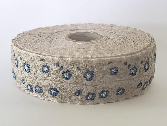 KAFKA F-02/17 Jacquard Ribbon Woven Organic Cotton Trim 1" wide (25mm) Beige Background w/Blue Wild Roses, Beige/Gray Leaves & Vines