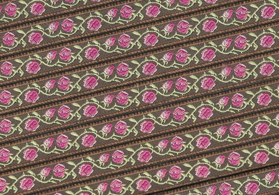 FLORAL B-43-C Jacquard Ribbon Poly Trim 1/2" wide (13mm) Brown Background & Borders w/Variegated Pink Flowers, Green Vines/Leaves