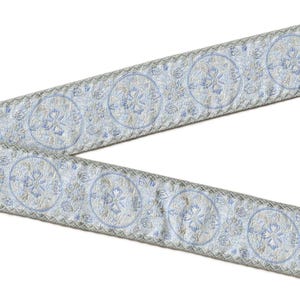 FLORAL H-06-B Jacquard Band Poly Trim 1-5 / 8 "breit (41 mm) VINTAGE Made in France, Eisblau, Grau & Elfenbein Bild 1