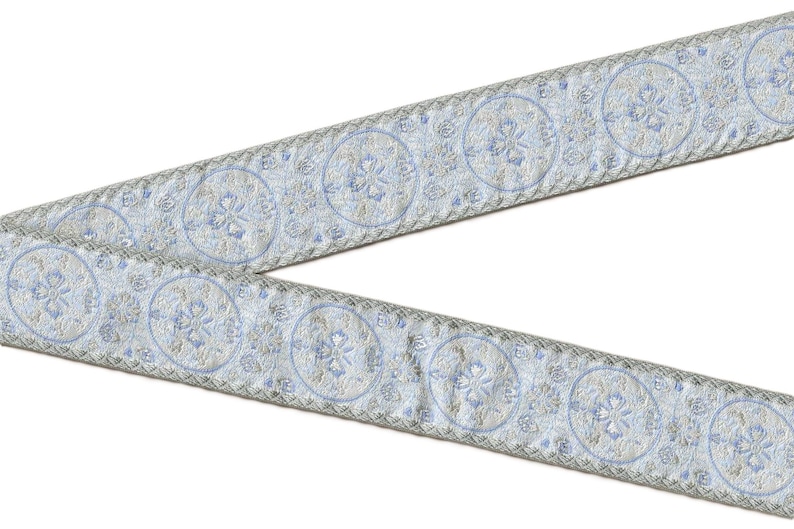 FLORAL H-06-B Jacquard Band Poly Trim 1-5 / 8 "breit (41 mm) VINTAGE Made in France, Eisblau, Grau & Elfenbein Bild 1
