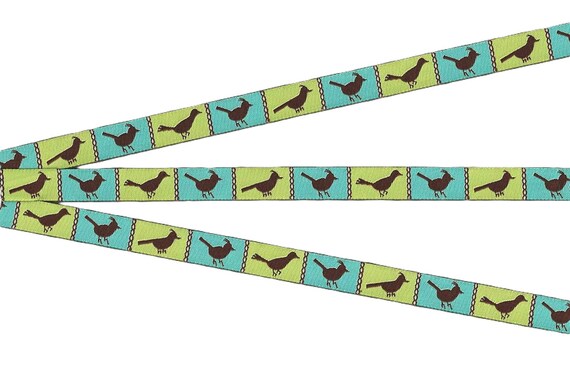 ANIMALS/Birds B-01-A Jacquard Ribbon Polyester Trim 1/2" Wide (13mm) Lime & Teal Block Design with Brown Birds