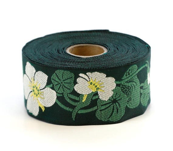 KAFKA G-03/06 Jacquard Ribbon Woven Organic Cotton Trim 1-1/4" wide (32mm) Dk Green Background w/Ivory & Yellow Nasturtiums, Green Leaves
