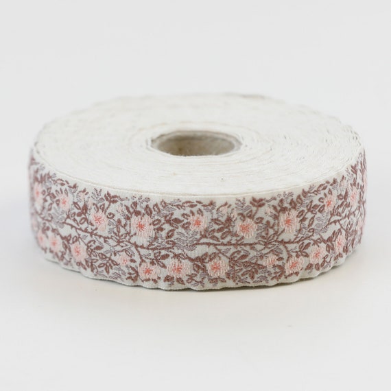 KAFKA F-02/08 Jacquard Ribbon Woven Organic Cotton Trim 1" wide (25mm) Ivory Background w/Lt Pink & Apricot Wild Roses, 2-Tone Brown Leaves