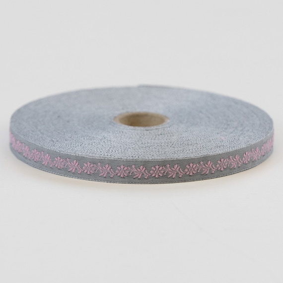 KAFKA A-18/27 Jacquard Ribbon Woven Organic Cotton Trim 7/16" wide (10mm) Gray Background w/Pink Flowers. Leaves & Vines