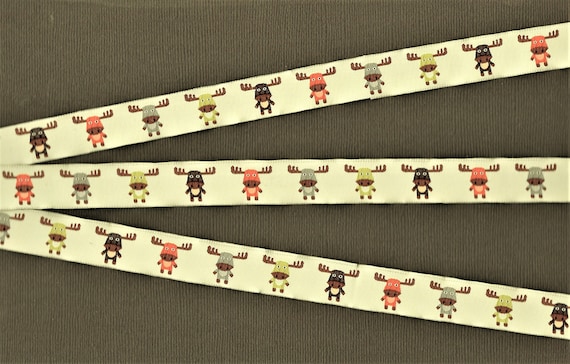 ANIMALS/Wildlife C-05-A Jacquard Ribbon Poly Trim 5/8" wide (16mm) Pale Green w/Green, Gray, Orange & Brown Smiling Moose