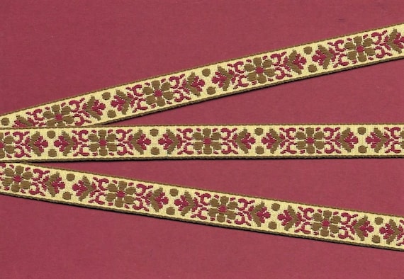 FLORAL B-31-A Jacquard Ribbon French Cotton Trim 9/16" wide (14mm) VINTAGE from France, Tan, Burgundy, Brown Flowers/Scrolls, Brown Accents