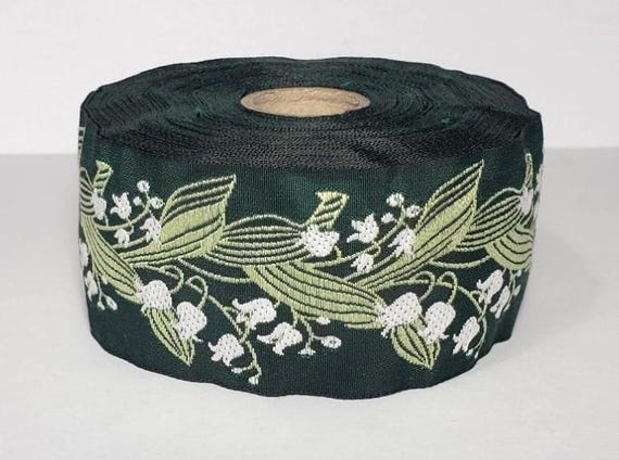 KAFKA H-02/05 Jacquard Ribbon Woven Organic Cotton Trim 1-1/2" wide (38mm) Dark Green w/White Lilies of the Valley & Lt Green Leaves/Stems