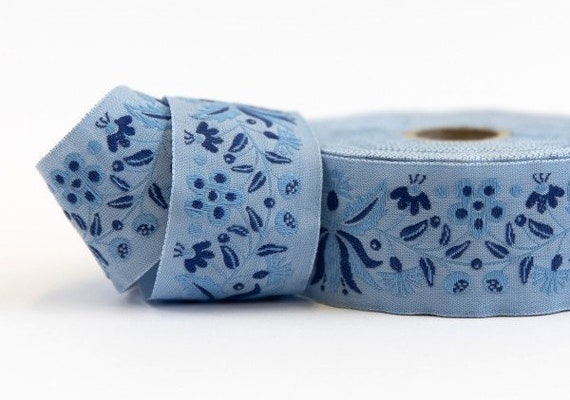 KAFKA G-19/06 Jacquard Ribbon Woven Organic Cotton Trim 1-1/4" wide (32mm) "Frida Blumenranke" Blue w/Navy Blue & Sky Blue Flowers