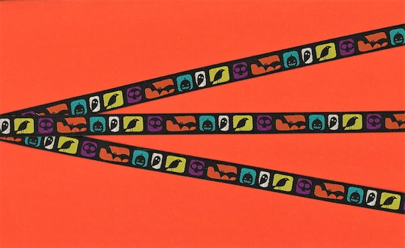 HALLOWEEN A-01-A Jacquard Ribbon Poly Trim 3/8" Wide (9mm) Black Background w/Block Design of Various Halloween Motifs, Per Yard