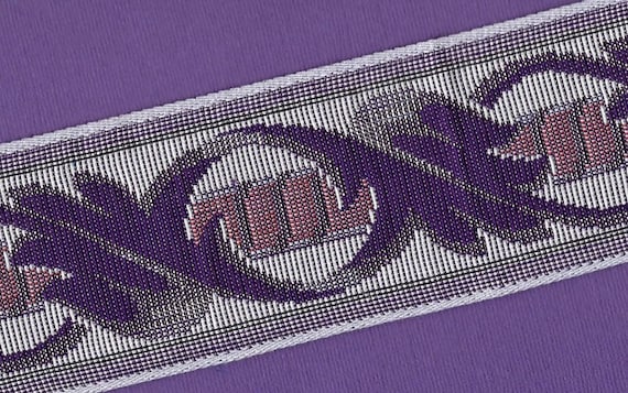 FLORAL TAPESTRY M-07-A Jacquard Ribbon Cotton Trim, 2-5/8" Wide (66mm) Gray with Purple Scroll Pattern, Metallic Gold Accents