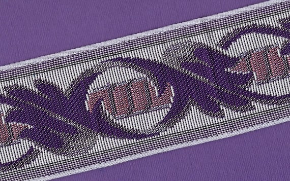 FLORAL TAPESTRY M-07-A Jacquard Ribbon Cotton Trim, 2-5/8" wide (66mm) Gray with Purple Scroll Pattern, Metallic Gold Accents