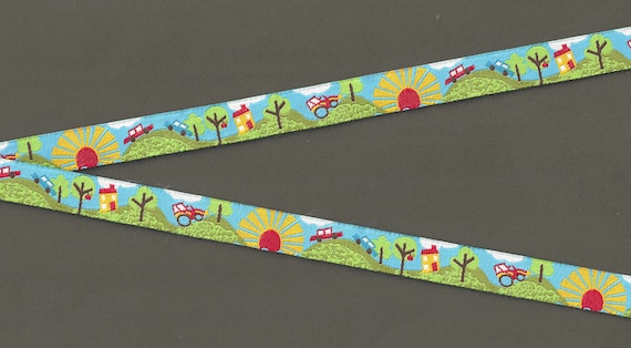 CHILDREN's C-35-A Jacquard Ribbon Poly Trim 5/8" Wide (16mm) FARBENMIX From Germany, Farm land Farmhouse Tractor Cars & Sunshine!