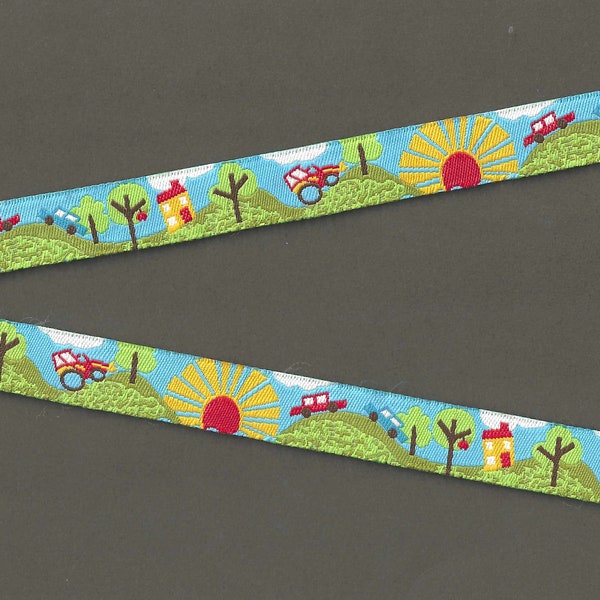 CHILDREN's C-35-A Jacquard Ribbon Poly Trim 5/8" Wide (16mm) FARBENMIX From Germany, Farm land Farmhouse Tractor Cars & Sunshine!