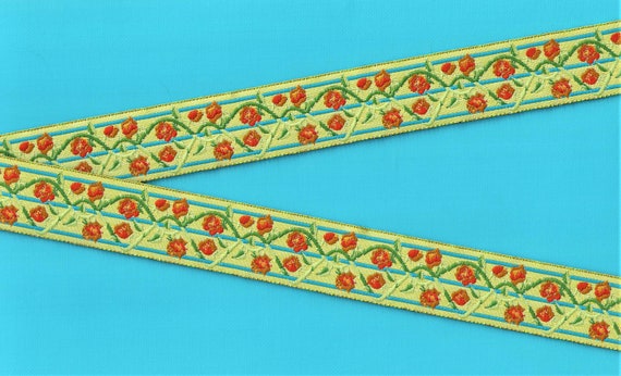 FLORAL F-14-E Jacquard Ribbon Poly Trim 1" wide (25mm) Made in Spain, Lime with Orange & Peach Roses, Turquoise Trellis, Olive Green Vines
