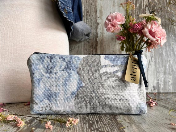 ATENTI Handmade Bags "JENNY" Blue & Gray Floral, Tall Tool Pouch Needle Arts/Knitting Bag, Accessory Pouch, Cosmetic Bag, USA Made