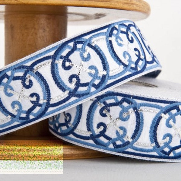 KAFKA G-11/01 Jacquard Ribbon Woven Organic Cotton Trim 1-1/4" wide (32mm) White w/Blue & Navy Celtic Circles, Silver Accents