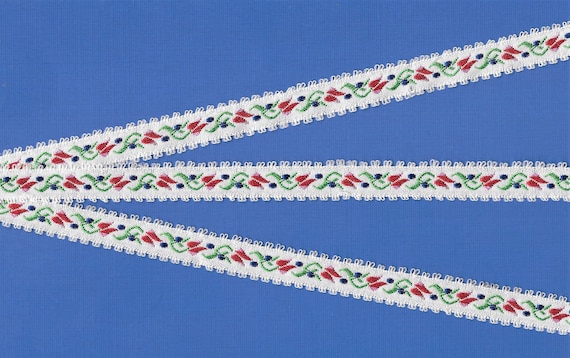 FLORAL B-24-i Jacquard Ribbon Rayon Trim 1/2" wide (13mm) Off-White w/Picot Edging, Pink & Red Tulips, Blue Dots, Green Leaves