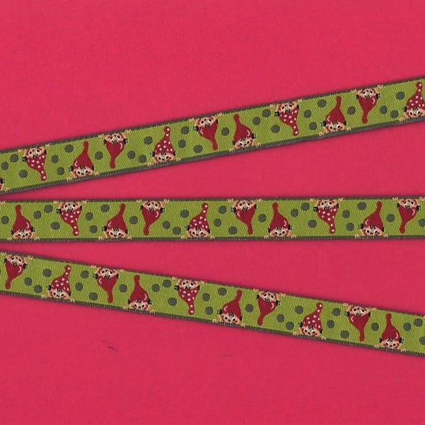HOLIDAY B-09 Jacquard Ribbon Poly Trim 1/2" Wide (12mm) "Little Dwarves" Luiza Pimpinella for FARBENMIX, Holiday Gnomes, REMNANTS