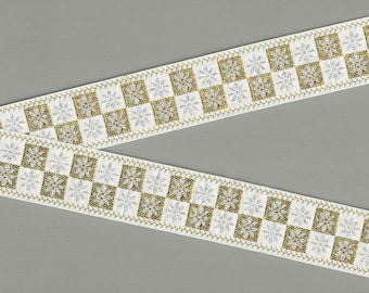 SNOWFLAKES H-02-A Jacquard Ribbon Poly Trim 1-1/2" wide (38mm) White w/Metallic Gold & Silver