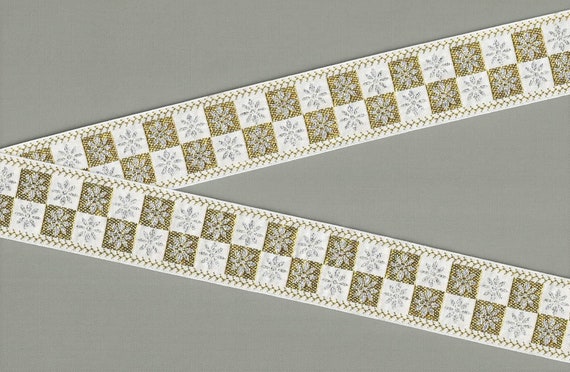 SNOWFLAKES H-02-A Jacquard Ribbon Poly Trim 1-1/2" wide (38mm) White w/Metallic Gold & Silver