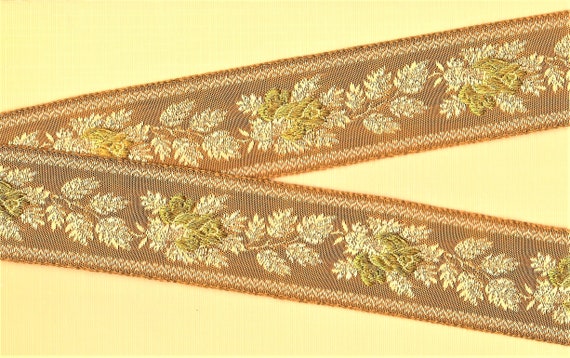 FLORAL J-02-C Jacquard Ribbon Rayon Trim 1-5/8" wide (41mm) VINTAGE RARE Golden Yellow w/Olive Green "Embossed" (Raised) Flowers, Tan Leaves