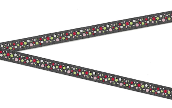 POLKA DOTS B-DP-06h Jacquard Ribbon Poly Trim 1/2" Wide (13mm) "Black Bubbles" Black w/Red, Green, Pink & White Dots