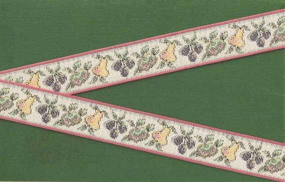 FLORAL TAPESTRY G-02-A Jacquard Ribbon Cotton Trim 1-1/8" Wide (28mm) "Petit Point" Fruit in White, Rose, Peach, Yellow & Green