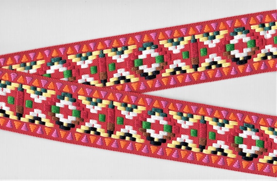 NATIVE AMERICAN J-12-A Jacquard Ribbon Cotton Trim, 1-3/4" Wide (44mm) Red Background w/Multi-Color Tribal Design, Priced Per Yard