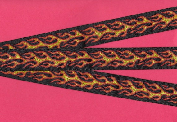 NOVELTY/Flames E-01-A Jacquard Ribbon Poly Trim, 15/16" Wide (25mm) Black Background w/Orange, Yellow & Red Flames, Per Yard