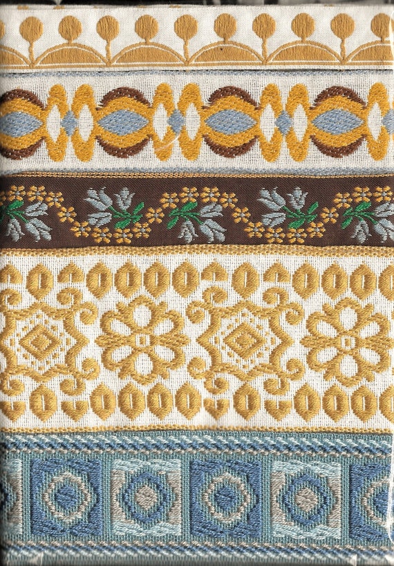 RIBBON PAK-84, Jacquard Ribbon Cotton Woven Trims, VINTAGE, 1yd of 5 Assorted Designs in Blue, Cream, Beige, Gold & Brown