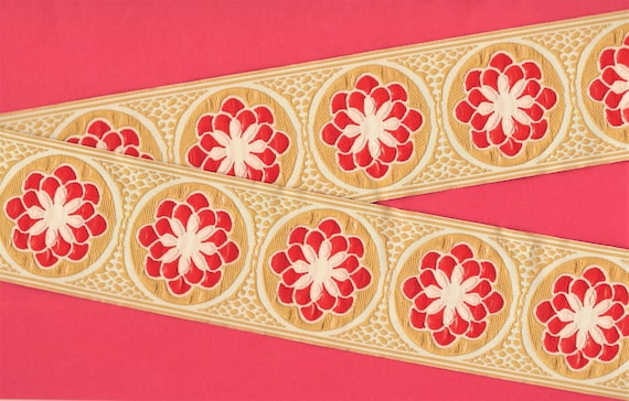 FLORAL K-12-G Jacquard Ribbon Polyester Trim, 2" Wide, (50mm) Cream Background, Large MOD Red/Pink Flowers Beige Accents, Priced Per Yard
