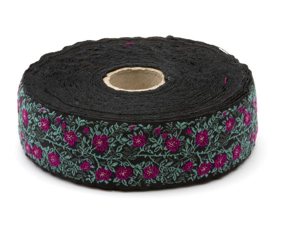 KAFKA F-02/49 Jacquard Ribbon Woven Organic Cotton Trim 1" wide (25mm) Black Background w/Magenta Dog Roses, 2-Tone Green Vines & Leaves