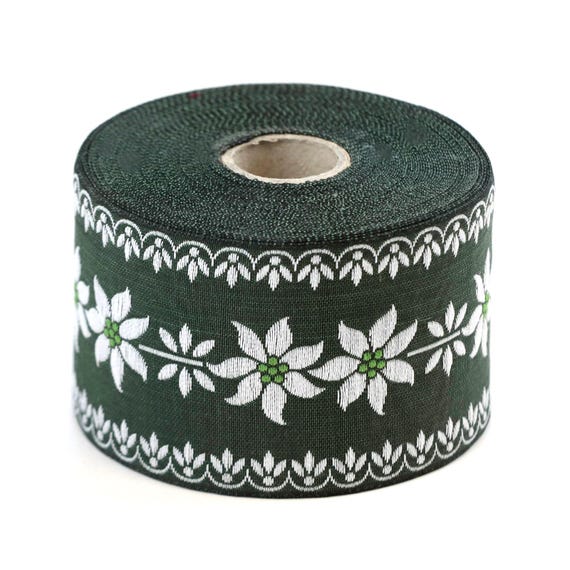 KAFKA K-08/02 Jacquard Ribbon Woven Organic Cotton Trim 2" wide (50mm) Green w/Large White Edelweiss Flowers (Green Center) & White Accents
