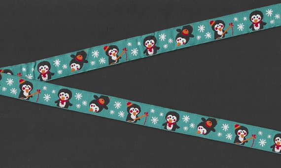 ANIMALS/Water C-10-A Jacquard Ribbon Poly Trim 5/8" Wide (16mm) Made in Germany, Teal w/Snowflakes and Penguins Fishing, REMNANTS